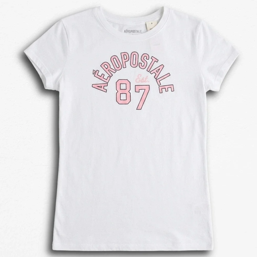 Aeropostale Womens White Graphic T-Shirt‎ Pink Logo 87 Est Varsity Tee Large